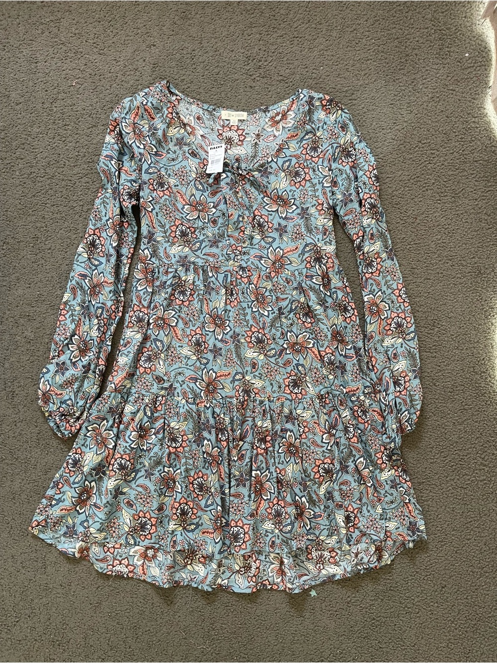 Sky and Sparrow Blue Floral Tiered Long-Sleeve cottagecore Dress